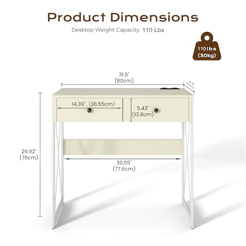 Manora White Computer Desk with 2 Drawers & Power Outlets USB Ports,31 Inch Small Writing Desk for Home Office, Modern Minimalist Study Table, Compact Vanity Desk for Bedroom, Apartment,Small Spaces - color: White
