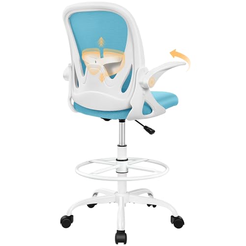 Primy Drafting Chair Tall Office Chair with Flip-up Armrests Executive Ergonomic Computer Standing Desk Chair with Lumbar Support and Adjustable Footrest Ring（Blue） - color: Blue, size: 934-Z
