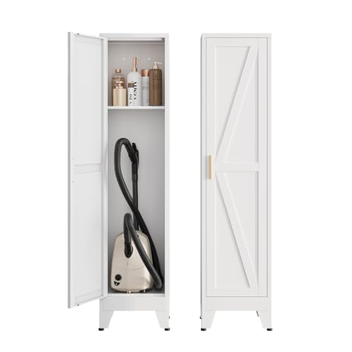 Bevivog 67" Slim Storage Cabinet, Narrow Metal Broom Closet for Laundry Room Bathroom, Tall Slim Pantry Cabinets for Small Space - color: White, size: 67"H-1 Door