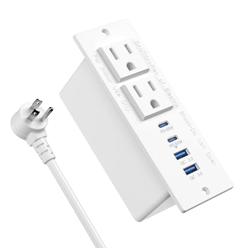 Recessed Power Strip with 2 PD 65W USB C,Flush Mount Outlet | White, 6FT,Flush Mount Countertop Drawer Outlet, Furniture Hidden Charging Station for Side Table, End Table,2 AC Outlets - color: White, size: 65W USB-C Ports