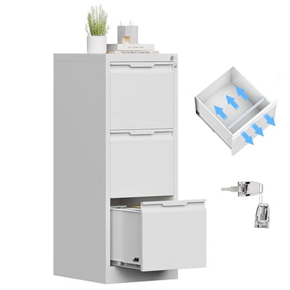3 Drawer Metal Vertical File Cabinet with Lock for Home Office | 17.8 Inch Depth,38.4 Inch High,Fits A4/Legal/Letter Size File,Easy Assembly,Adjustable Hanging Bar,White - color: White, size: 17.8"D x 15"W x 38.4"H（3 Drawers）