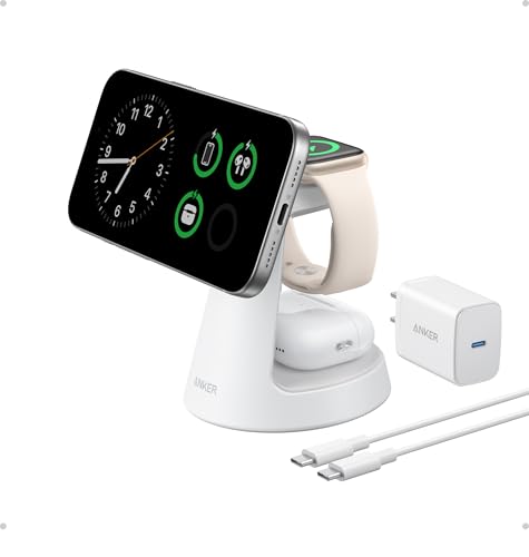Anker MagSafe Charger Compatible, MagGo 3-in-1 Qi2 15W Charging Station | Wireless Charger, Magnetic Charging Stand for iPhone 17 / 16 / 15 Series, Apple Watch, AirPods, and More (Adapter Included) - color: White