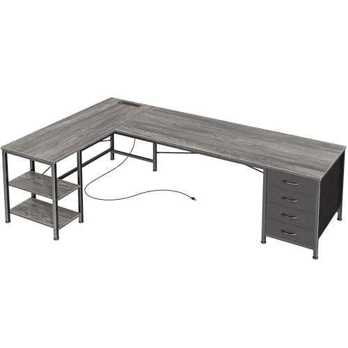Huuger 63 Inch L Shaped Desk with Fabric Drawers, Reversible Computer Gaming Desk with Power Outlets and USB-C Port, Adjustable Side Storage Shelves, for Work Study Corner Home Office, Grey - color: Grey, size: 63 inch
