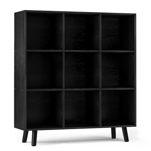 9-Cube Open Shelf Bookcase - 3-Tier Wooden Floor-Standing Bookshelf with Legs and Backpanel, Ideal for 11-inch Fabric Storage Bins and Miscellaneous Organizer, Black - color: Black, size: 9-Cube