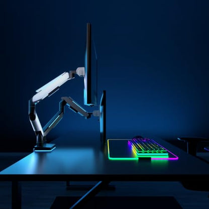 Mount-It! Heavy Duty Dual Monitor Arm up to 35 in. 44 lbs Screens, RGB Lights, 75x75 100x100 VESA Desk Mount for 2 Widescreen Curved Monitors 27 32 34 35 inches, Gas Spring, Clamp, Grommet, RGB Lights