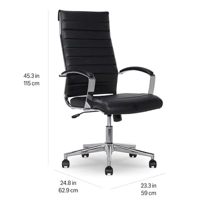 Amazon Basics High-Back Swivel Office Chair with Lumbar Support, Ergonomic Ribbed Faux Leather, Adjustable Height, 45.25" x 24.75" x 23.25", Black - color: Black