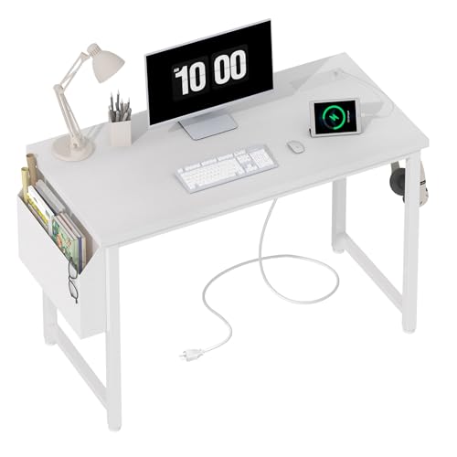Lufeiya White Computer Desk with Power Outlet, 40 inch Simple Teen Study Table Home Office Work Writing Desks with Charging Station Outlets USB Port Built in, Storage Pocket，White - color: White, size: 39.4"