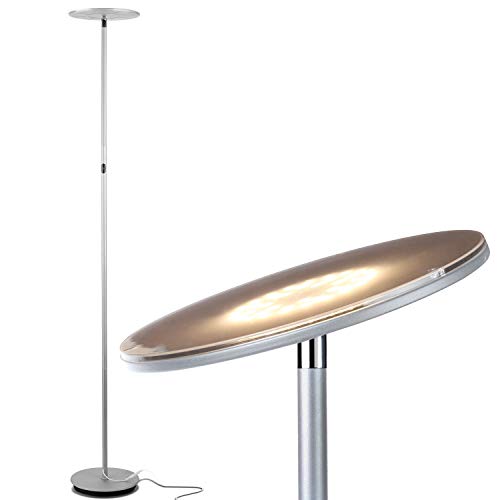 Brightech Sky LED Floor lamp, Torchiere Super Bright Floor Lamp for Living Room Decor & Office - Dimmable, Tall Standing Torch Lamp with Warm Light for Bedroom & Reading - Platinum Silver - color: Platinum Silver