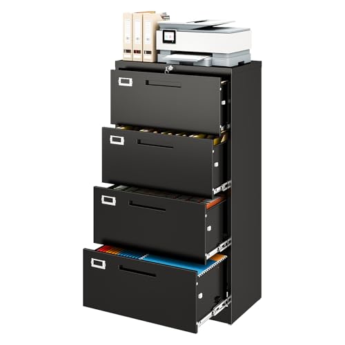 Metal Lateral 4 Drawer File Cabinet with Lock, Wide Filing Cabinet for Home Office Organization Hanging Files Letter/Legal/F4/A4 Size (Black, Assembly Required) - color: Black, size: 51.7"H x 28.35"W x 15.75"D