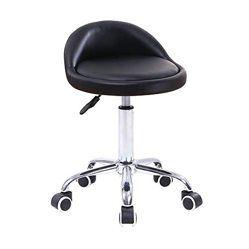 KKTONER PU Leather Round Rolling Stool with Back Rest Height Adjustable Swivel Drafting Work SPA Task Chair with Wheels Black - color: Black