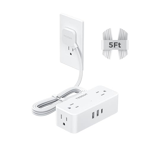TESSAN Extension Cord 5 FT, Power Strip with 900J Surge Protection, White | 4 AC Outlets 1 USB C and 2 USB A Ports, Flat Plug, Multiple Wall Outlet Extender Suitable for Office Dorm - color: White, size: 5 FT (1 USB-C, 2 USB-A)