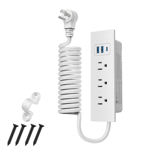 Furniture Drawer Outlet (ETL Listed), Tamper-Resistant Design AC Outlets,Recessed Power Strip with 3 PD 20W USB Ports Fast Charging & 3 AC Outlets, 5 FT Spring Cord (Whate) - color: Whate
