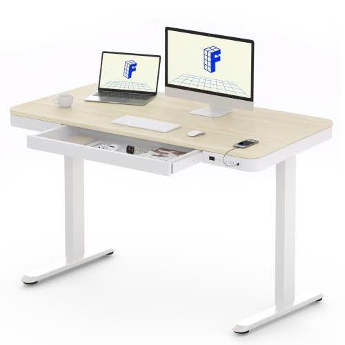 FLEXISPOT Comhar 48" Electric Standing Desk with Storage, Built-in Drawer & USB Charging Ports, Height Adjustable Sit Stand Computer Desk, Quick Assembly, Child Lock, Light Maple Finish/White Legs - size: 48"White Wood Grain