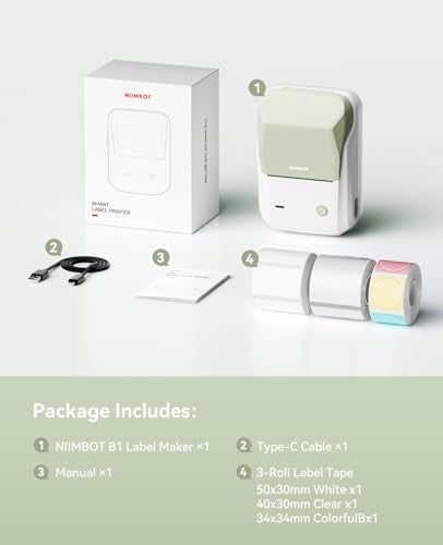 NIIMBOT B1 Label Maker Machine with 3 Tapes, 2Inch Thermal Label Printer - color: Green, style: 1 Printer+3 Roll Labels