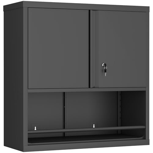 GREATMEET 31" H Metal Garage Storage Cabinet, Black | Doors and Shelves, Lockable with Lock, Wall Mount, Hanging Cabinet, For Utility Room - color: Black, size: 31"H