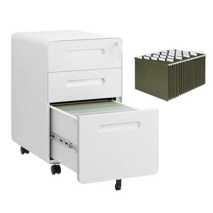 3 Drawer Mobile File Cabinet with Lock, 4 Keys and 25 Letter File Folders | Heavy-Duty Steel Rolling Filing Cabinet Pre-Assembled Under Desk for Home Office Letters/Legal/A4 Hanging File Folders - color: White, size: 23.8"H*15.7"W-3 Drawers(25 letter fold
