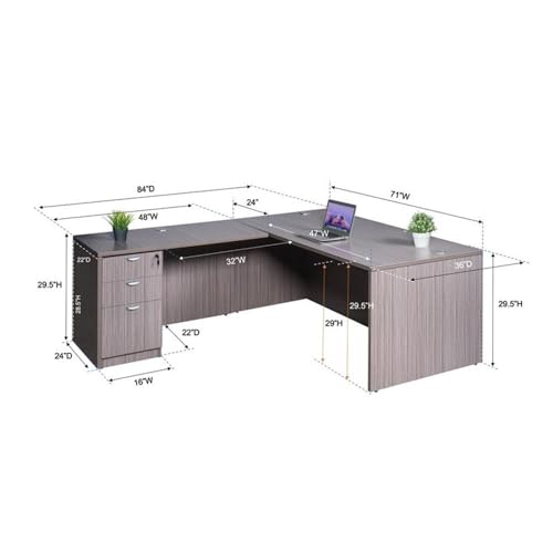 Pemberly Row L-Shaped Engineered Wood Desk, 119 x 71 x 29.5 in, Mocha Finish, File Pedestal with Locking Drawers, Scratch-Resistant Office/Home Office Desk with Reversible Return