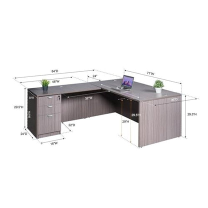 Pemberly Row L-Shaped Engineered Wood Desk, 119 x 71 x 29.5 in, Mocha Finish, File Pedestal with Locking Drawers, Scratch-Resistant Office/Home Office Desk with Reversible Return