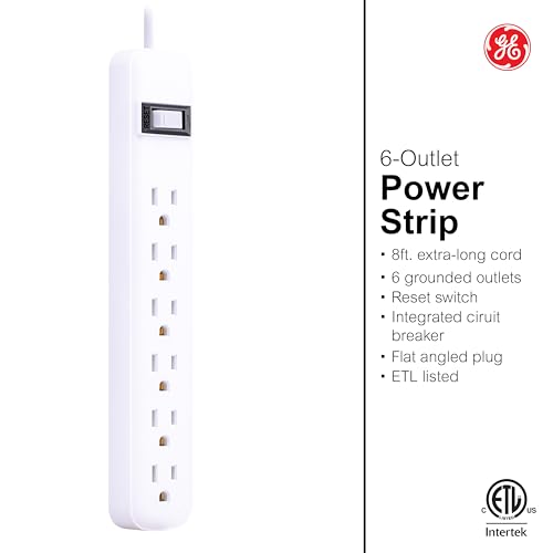 GE 6-Outlet Power Strip, 8 Ft Extension Cord, Heavy Duty Plug, Grounded, Integrated Circuit Breaker, 3-Prong, Wall Mount, UL Listed, White, 67122 (Pack of 4) - size: 8 Ft (Pack of 4)