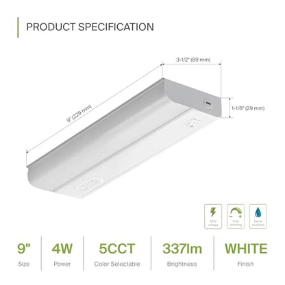 ASD LED Under Cabinet Lighting Hardwired, 9 Inch 4W 2700K-5000K Selectable, 337LM, CRI90+, Direct Wire Linkable Under Counter Lights for Kitchen, Dimmable Under Cabinet Lights, White, UL Certified - color: 9 Inch White, size: 1 Pack
