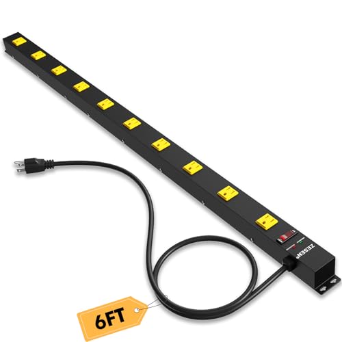 10 Outlet Long Power Strip Wide Spaced Metal Power Strip with 6FT Cord | Heavy Duty Industrial Power Strip for Work Bench Garage Shop, Overload 2100J Protection Switch, ETL Listed (15A/1875W), Black - size: 6FT