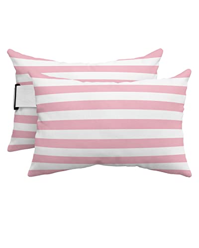 T&H XHome Outdoor Pillow for Chaise Lounge Chair, Pink and White Stripes Waterproof Headrest Pillow Lumbar Pillows with Adjustable Elastic Strap for Beach, Poolside, Patio, Office (2 Pack) - color: Stripethh4248, size: 11 x 16 Inch - 2 Pack
