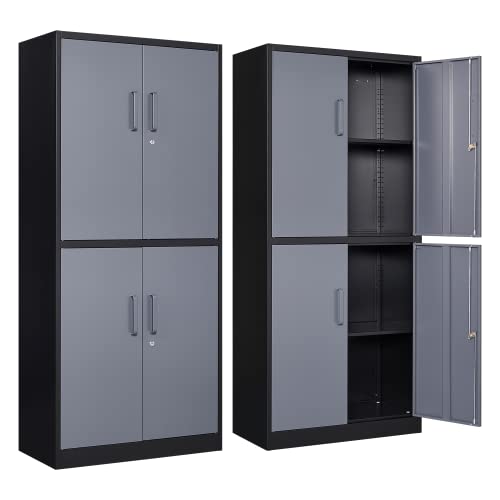 Metal Storage Locking Cabinet with 4 Doors and 2 Adjustable Shelves,71" Lockable Garage Tall Steel Cabinet,for Home Office,Living Room,Pantry,Gym,Commercial Storage (Gray Black) - color: Gray Black, size: 4 Door - 71"H