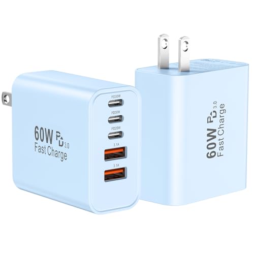 USB C Fast Wall Charger Block, 2Pack 60W USBC Charging Cubes, 5-Port PD+QC Power Adapter Multiport Brick Type C Box Plug for Phone 17/16/15/14/13/12/11/Pro Max/Plus, Pad Mini/Pro/S25/S24-Blue - color: Blue
