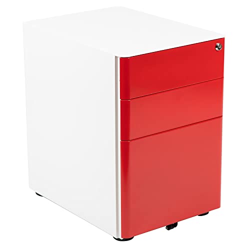 Flash Furniture Warner Modern 3-Drawer Mobile Locking Filing Cabinet with Anti-Tilt Mechanism & Letter/Legal Drawer, White with Red Faceplate - color: White and Red, style: Modern