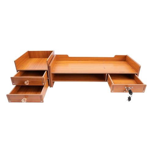 Wood Monitor Stand With Drawers,Desk Organizer With Lockable Drawer & Phone Holder, Computer Monitor Riser Stand With Storage Shelf,Multi-Purpose Desktop Storage Stand For Computer, Laptop, Printer