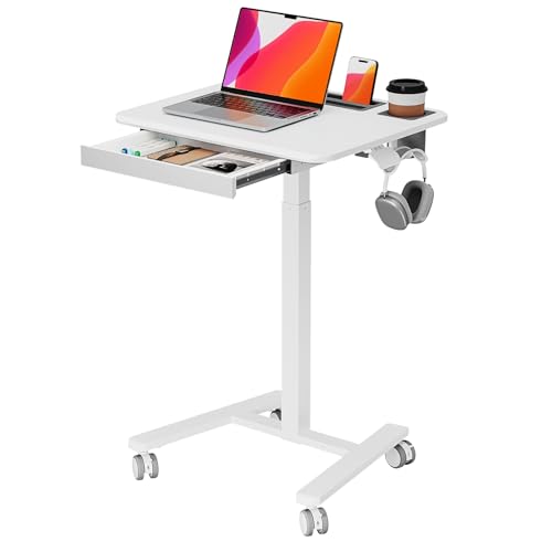 Small Mobile Standing Desk with Drawer, 23.6" x 19.7" Top | Height Adjustable Rolling Teacher Desk with Cup Holder and Hooks, Portable Workstation on Wheels for Classroom & Study, White - color: White, size: 24"
