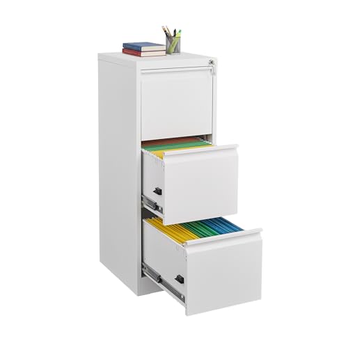 3 Drawer Vertical File Cabinet with Lock, White Metal Filing Cabinet