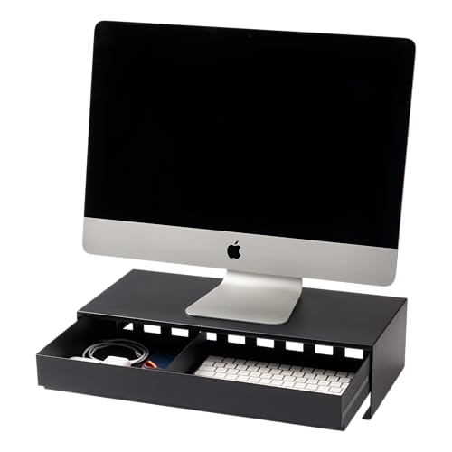 YAMAZAKI Home Monitor Stand with Drawer and Cable Management Riser, Black | Sturdy steel desk monitor riser with storage. Functions as a office and tech organizer. Cable management in rear. - color: Black