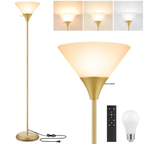 Coucrek Floor Lamp for Living Room, Torchiere Standing Light | Remote Control Stepless Dimmable Brightness & Color Temperature, 9W LED Bulb Included, Tall Lamp for Bedroom, Office, Dorm - color: Gold