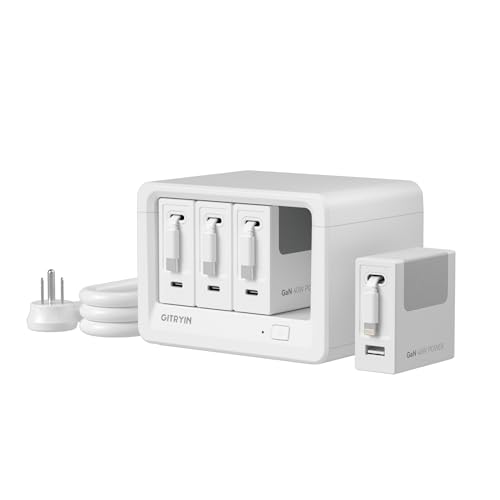 12-in-1 Desktop Charging Station, 160W USB Retractable GaN Charger | Modular Charging Hub for Apple, 3 Retractable Type-C Chargers, 1 Lightning, 4 AC, 3 USBC, 1 USBA, 33.5in Retractable Cables - size: With 1 Lightning, USB A Port, 3 Type-C Chargers