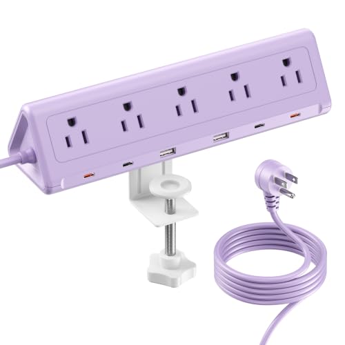 SMALLRT Purple Desk Clamp Power Strip with 6.5 FT Extension Cord, PD 40W USB-C Fast Charging Ports, 5 AC Outlets 4 USB-C 2 USB-A, Fits 2.1 inch Table Edges - color: Purple