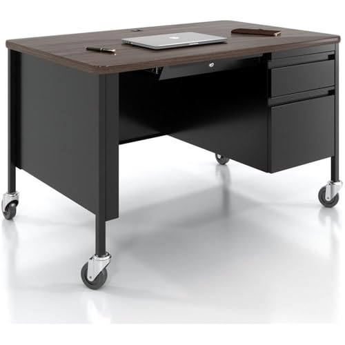 Hirsh 30x48 Mobile Right Hand Single Pedestal Metal Desk T-Mold Top Black/Walnut