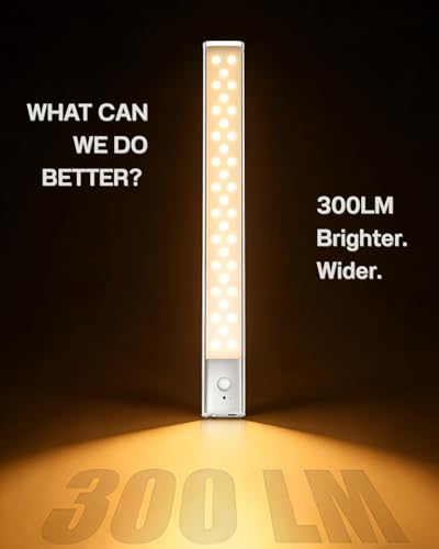 Under Cabinet Lighting Wireless Motion Sensor Light Indoor, 12" Rechargeable Kitchen Bar Lights, 300LM Ultra-Bright Cabinet Lights with Remote, 2500mAH, USB-C, 3 Colors, 3 Packs