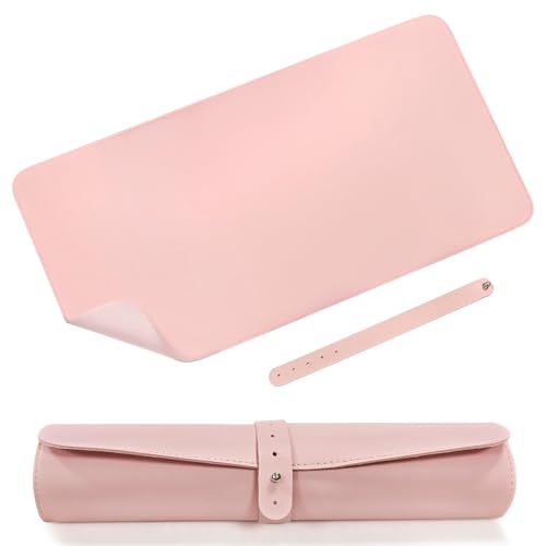 Makeup Mat for Vanity Desk Pad, 23.6 x 11.8 Inch PU Leather Desk Protector, Waterproof & Easy to Clean Vanity Table Cover for Makeup, Skincare & Office Use, Pink