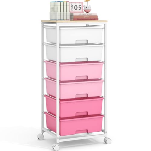 6 Drawer Rolling Storage Cart with Wooden Top and Wheels for Crafts, Pink - color: Pink