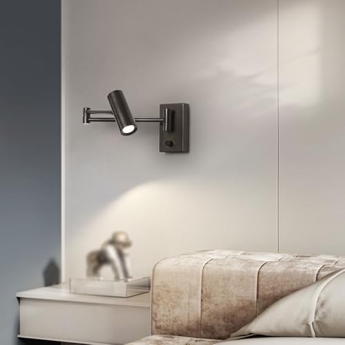 LED Swing Arm Wall Sconce with Dimmer Switch Modern Adjustable Wall Mounted Reading Lamp Black Metal Directional Task Light for Bedroom Bedside Living Room Hallway Office Dorm Art Display