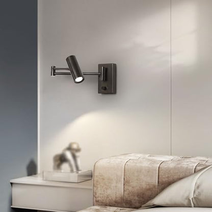 LED Swing Arm Wall Sconce with Dimmer Switch Modern Adjustable Wall Mounted Reading Lamp Black Metal Directional Task Light for Bedroom Bedside Living Room Hallway Office Dorm Art Display