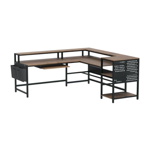 SEDETA L Shaped Computer Desk, Reversible Computer Desks, L Shaped Desk with Power Outlets & LED Strip, Monitor Shelf, Keyboard Tray, Pegboard and Storage Shelves for Home Office, Rustic Brown - color: Rustic Brown