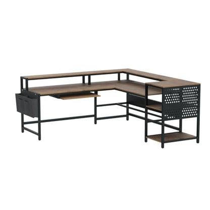 SEDETA L Shaped Computer Desk, Reversible Computer Desks, L Shaped Desk with Power Outlets & LED Strip, Monitor Shelf, Keyboard Tray, Pegboard and Storage Shelves for Home Office, Rustic Brown - color: Rustic Brown