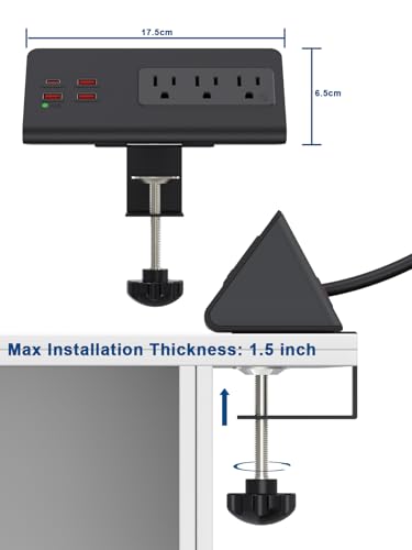 Desk Clamp Power Strip 3 AC 4 USB PD 20W USB-C for Nightstand&Office Tables | Nightstand Charging Station,Tamper-Resistant，Surge Protector，6.6 FT flat plug