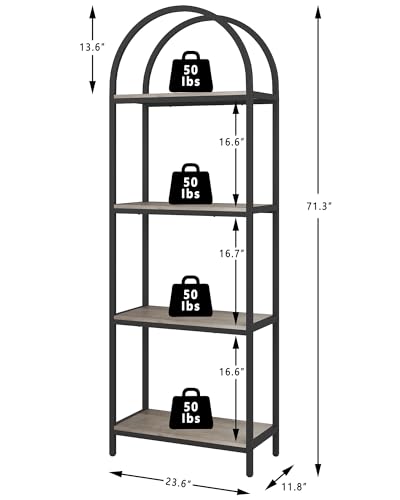Yusong Bookshelf 4 Tier Arched Bookcase, 71.3" Tall Industrial Open Book Shelves for Living Room, Modern Freestanding Display Shelving Storage Rack Metal Frame, Office, Bedroom, Grey - color: Grey, size: 4 Tier Non-LED Arched