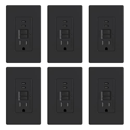ELEGRP GFCI Outlet with USB Ports, 15 Amp Self-Test GFCI Combination with Dual USB C Ports, 24W Max Total Output, Tamper Resistant GFCI USB Outlet with Wall Plate, UL Listed, Matte Black, 6 Pack - color: Matte Black, size: GFCI Outlet with Dual USB C Port