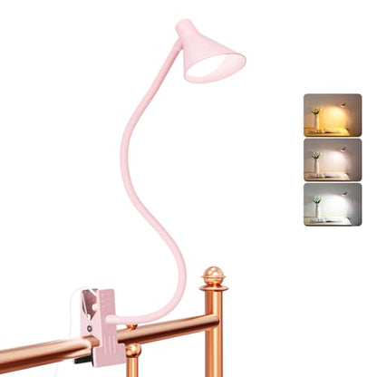 LiFMIRA Pink Small Desk Lamp Clip on LED Reading Light for Bed | 3 Color Modes 10 Dimmable Brightness, Book in Bed Headboard, Flexible Reading Lamp with Clamp BL08 - color: Pink