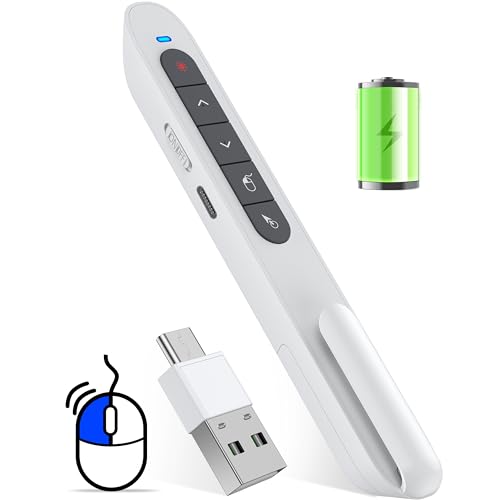 Air Mouse Clicker for Presentation Rechargeable Presenter Clicker Remote for Classroom Teacher, RF 2.4GHz USB Wireless Presenter Clicker PPT Slide Advancer for Mac, Windows, Laptop, Keynote - color: Red-USB 2.0 Type C/White