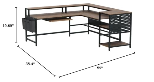 SEDETA L Shaped Computer Desk, Reversible Computer Desks, L Shaped Desk with Power Outlets & LED Strip, Monitor Shelf, Keyboard Tray, Pegboard and Storage Shelves for Home Office, Rustic Brown - color: Rustic Brown